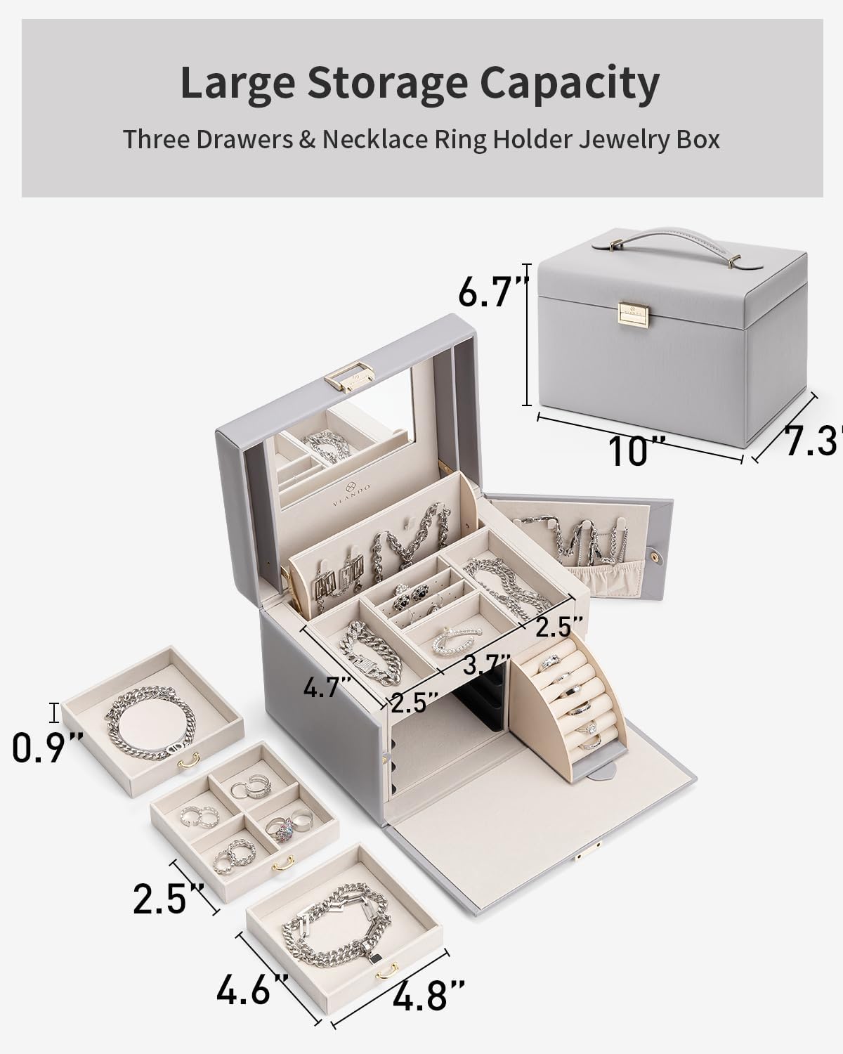 VLANDO Jewelry Storage with Mirror and 3 Drawers,Gray