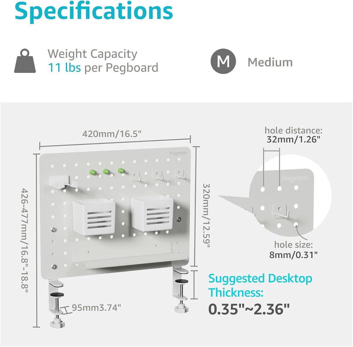 PEGZONE Clamp on Desk Pegboard, 16.5" x 12.6", with 10 Accessories,...