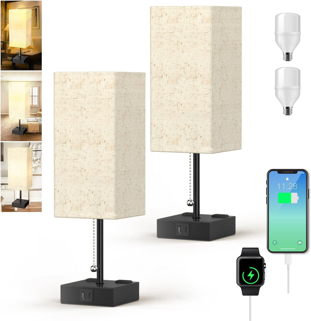 YIDPU Table Lamp for Bedroom with USB,Bedside Lamp with USB C+A Charging Port...