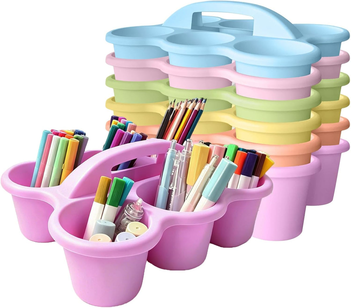 6 Pack Classroom Caddy Organizer with Handle Pastel Plastic Table Caddy 6 Com...