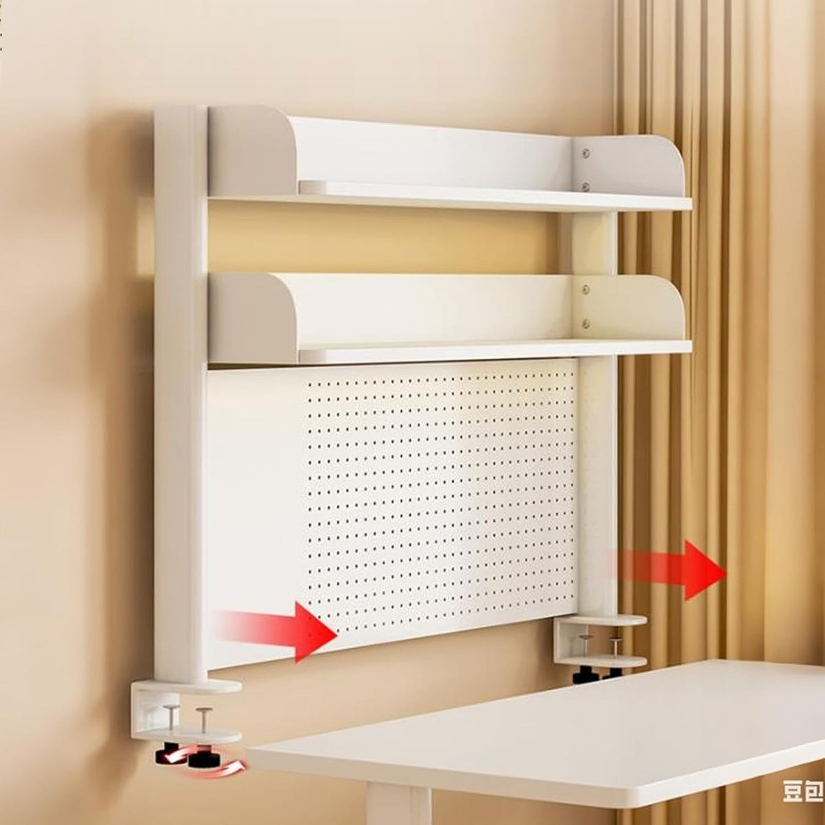 31.4in Clamp on Desk Shelf with Pegboard, White Desktop Bookshelf Organizer