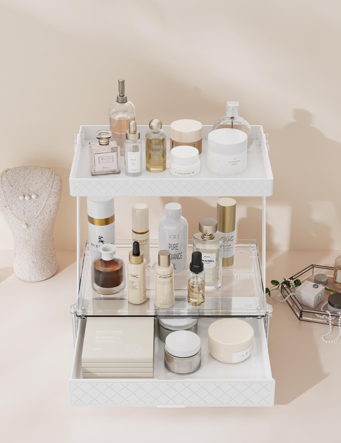 2 Tier Bathroom Countertop Organizer, Z-Shaped Vanity Organizer with Sliding ...