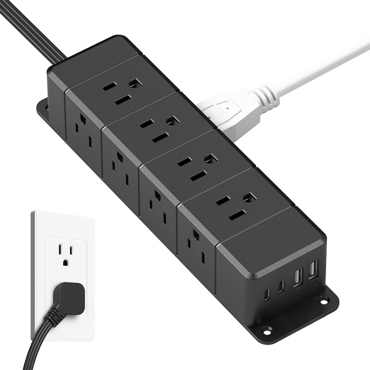 40W Under Desk Power Strip with Switch 12 Outlet 4 USB 1200J 10FT Black