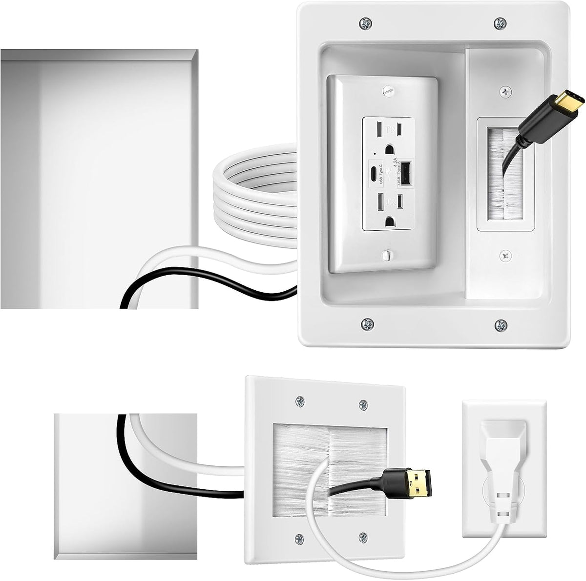 in-Wall Cable Management Kit, AC + USB-A + USB-C Outlet, 9 ft Cord