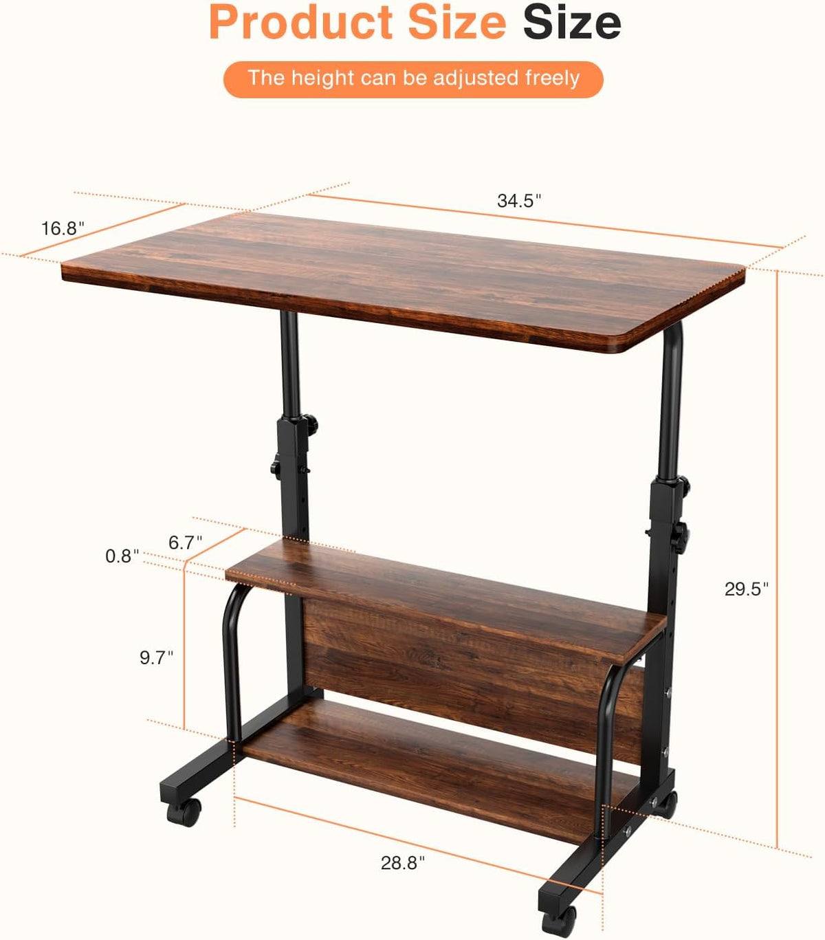 QZMDSM Portable Rolling Desk on Wheels Adjustable Height Desks for Small Spac...