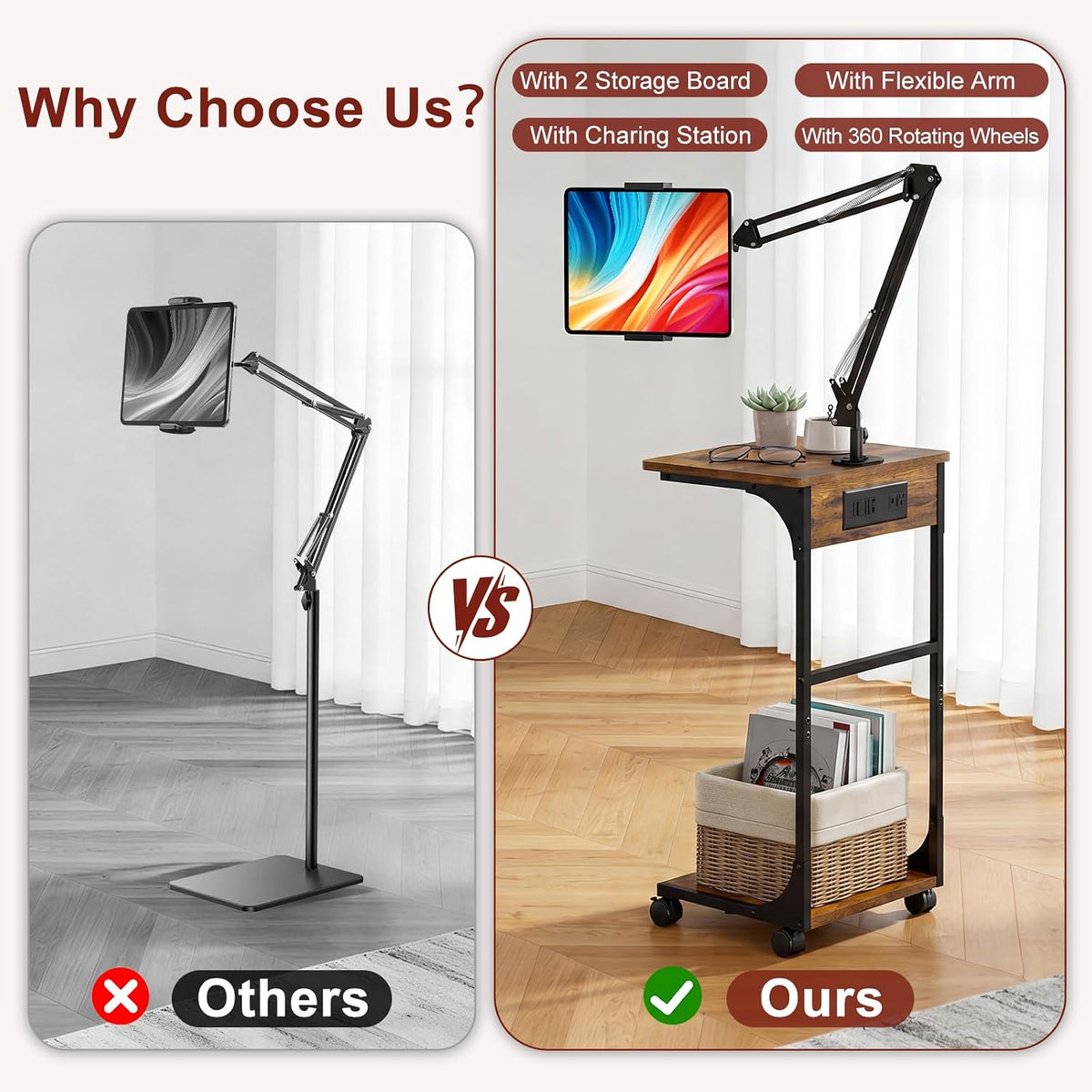 Cidaziya Floor Kindle Phone Tablet Stand with Side Table & Charging Station