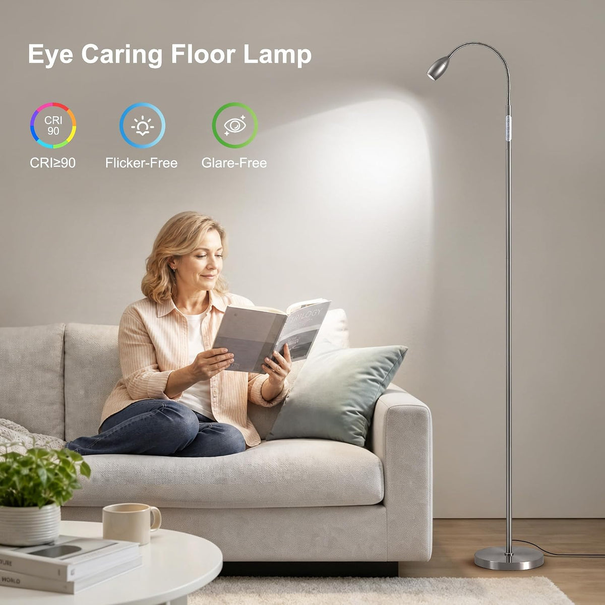 72" Reading Floor Lamp,Gooseneck LED Lamp with Zoomable Spotlight,Nickel