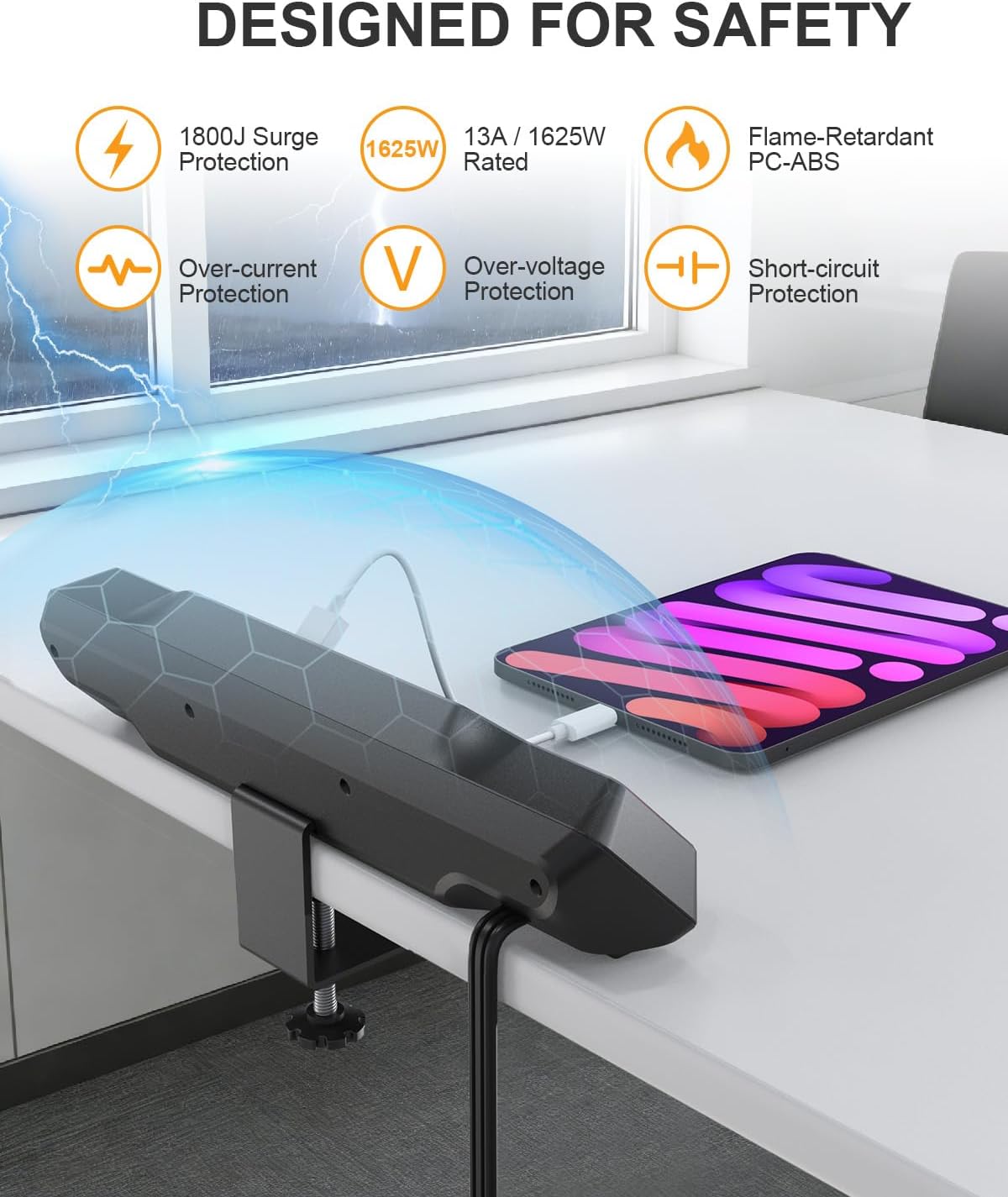 Desk Clamp Power Strip Surge Protector, 6 Outlets, Flat Plug, 1800J, 4 USB-C ...