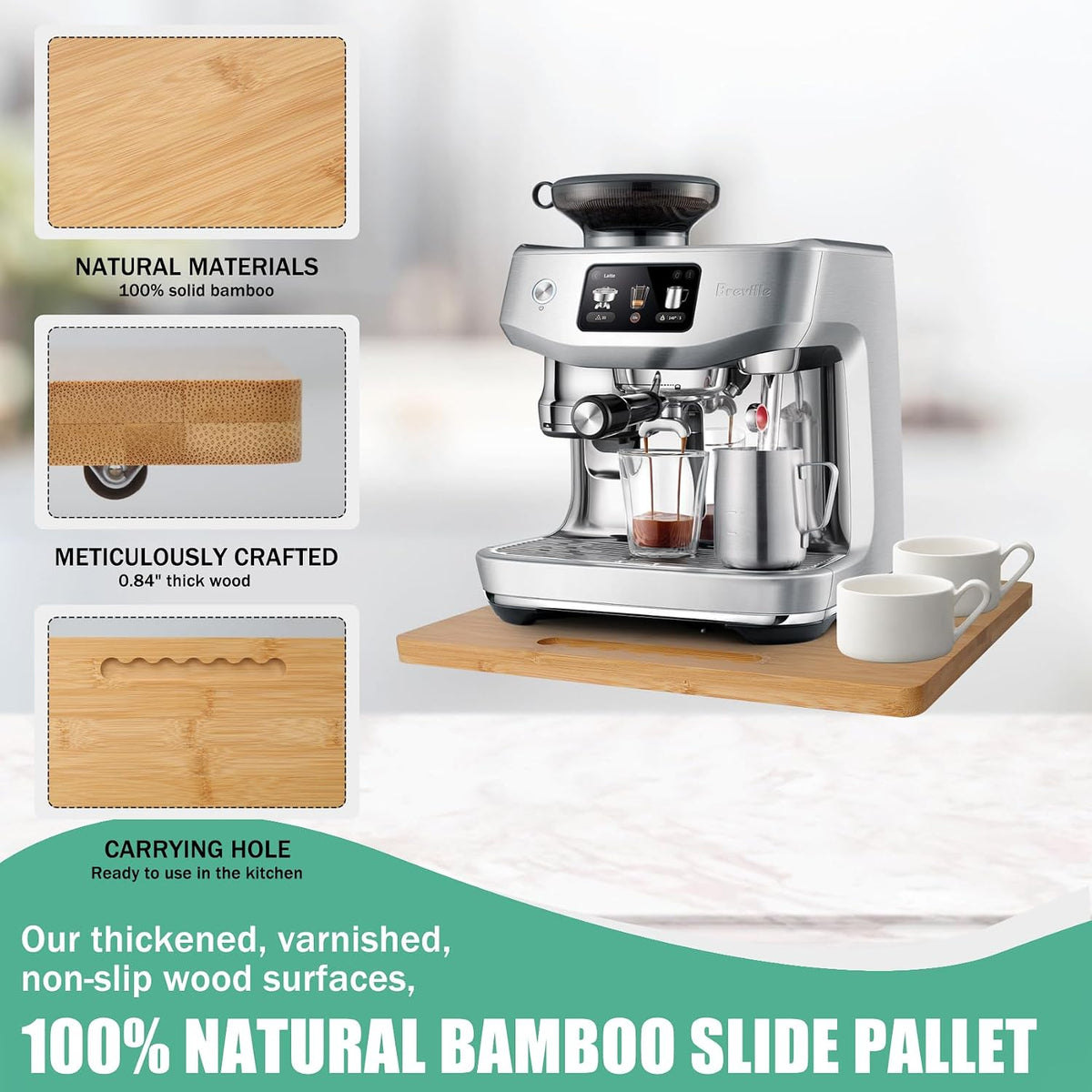 Bamboo Sliding Appliance Tray,Coffee Maker Slider Tray with Rubber Wheels, Co...