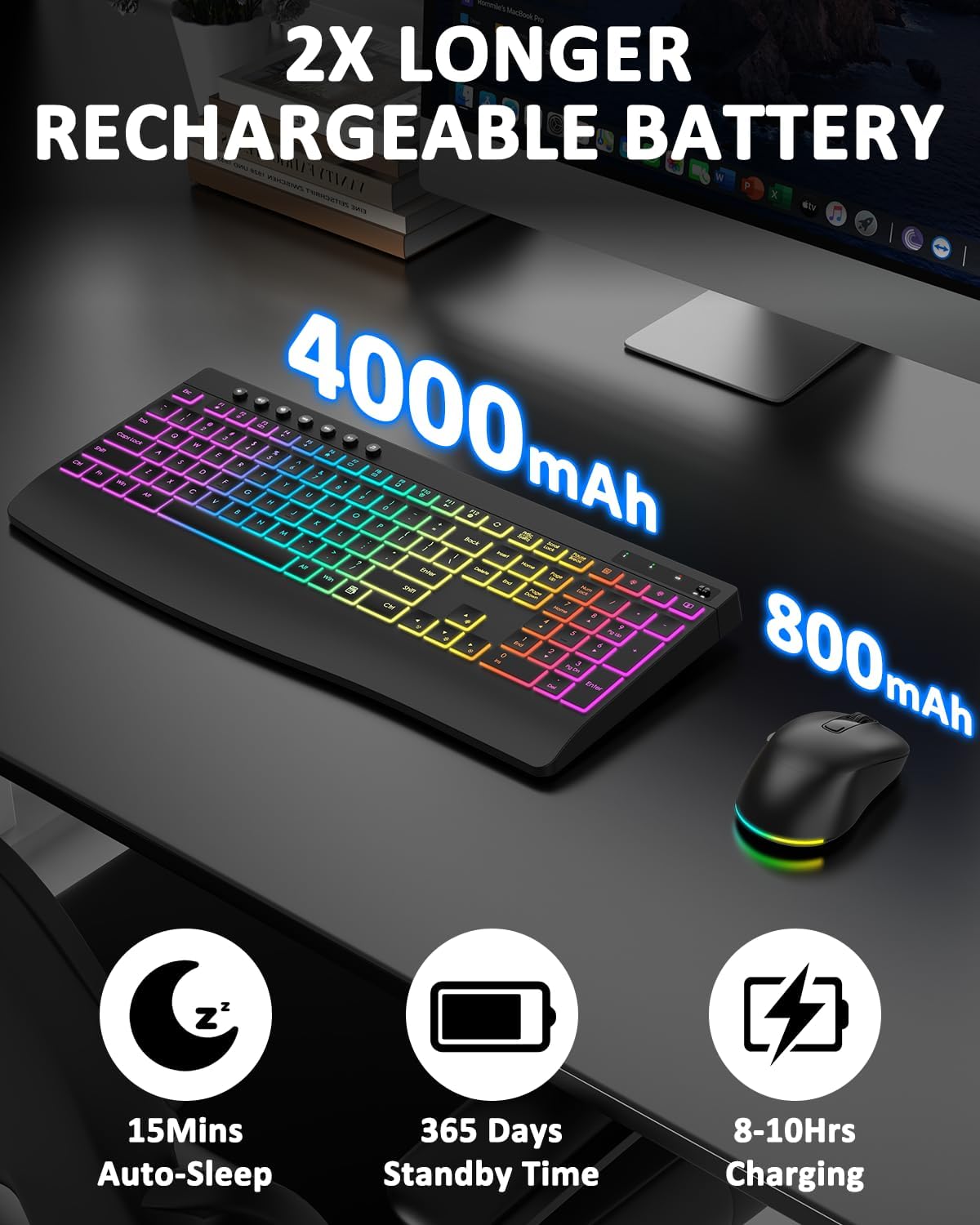 Wireless Keyboard and Mouse Combo, 9 Backlit Effects, 4000mAh Rechargeable Ba...