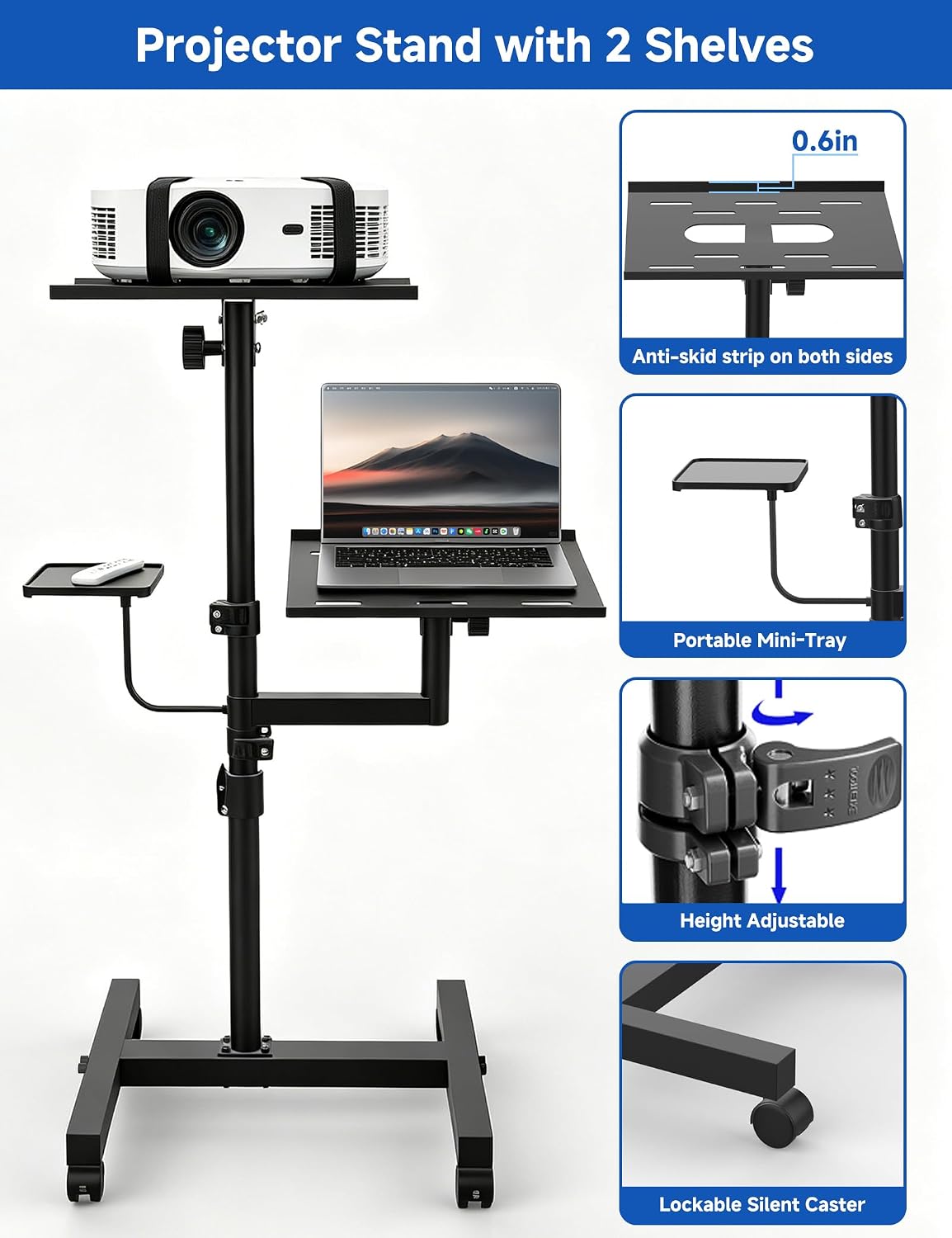 KOOV 2 Shelves Projector Stand, Max 47" Height Adjustable Laptop Stand