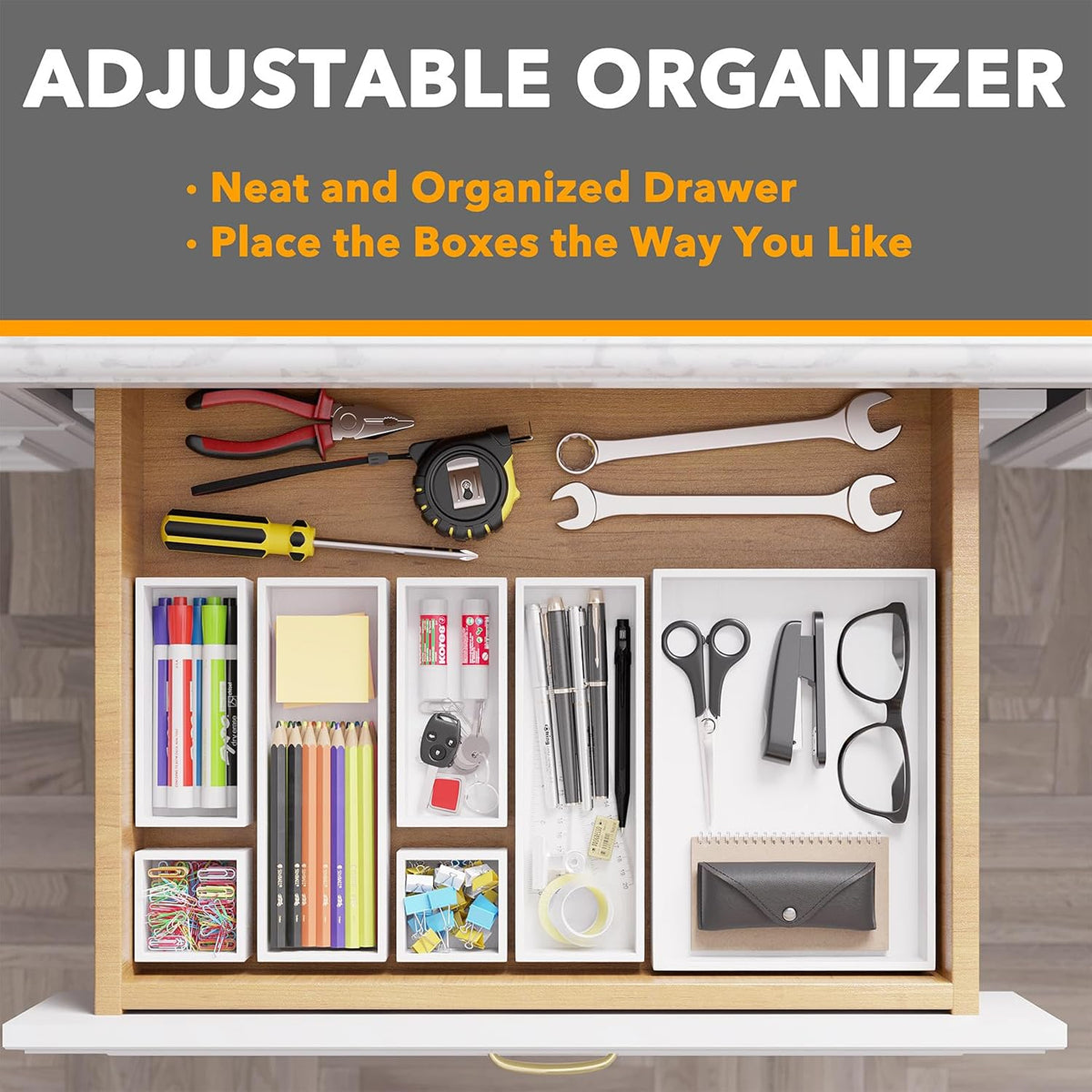 SpaceAid 7-Piece Bamboo Drawer Organizer Storage Boxes Set, Wood Tray Junk Dr...