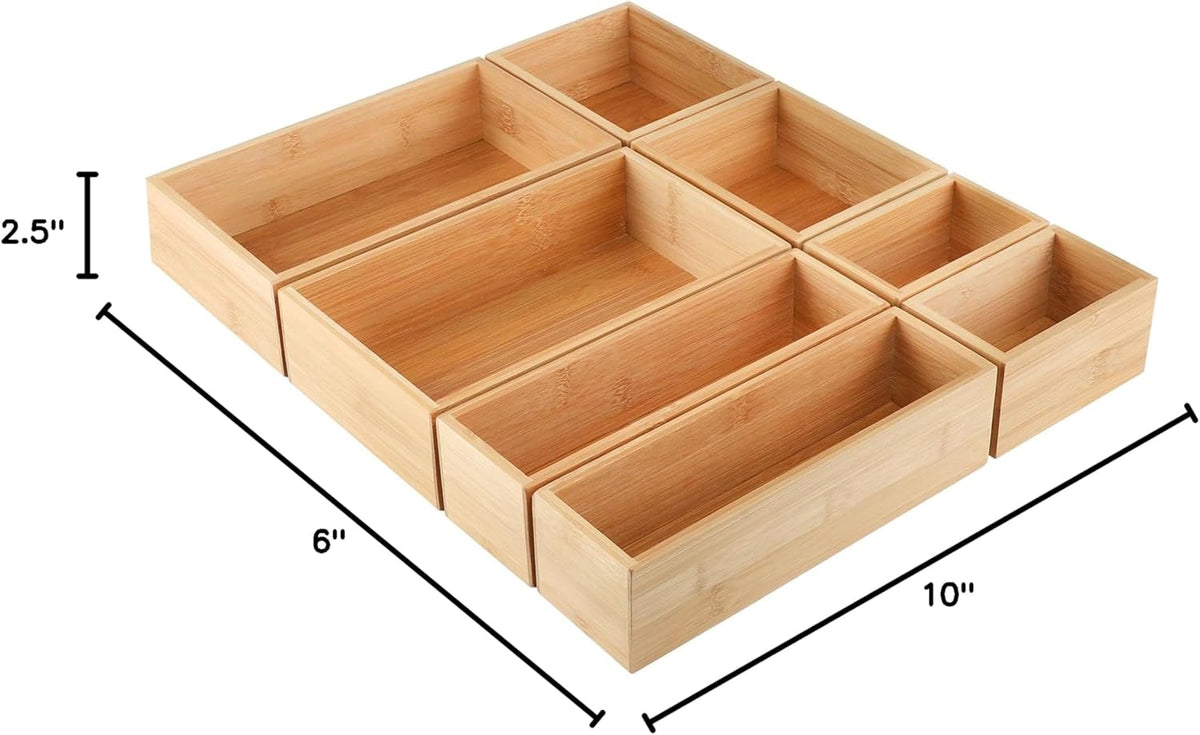 Kootek 8Pcs Bamboo Drawer Organizer 4-Size Kitchen Storage Box for Flatware