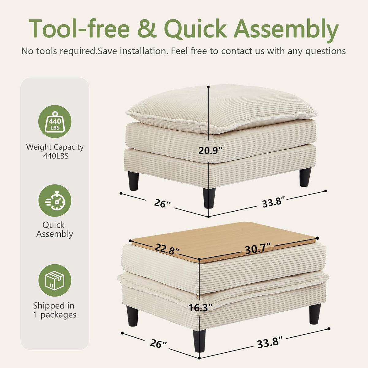 Match Ottoman Only for Cloud Modular Sectional Couch Sectional, Corduroy Foot...