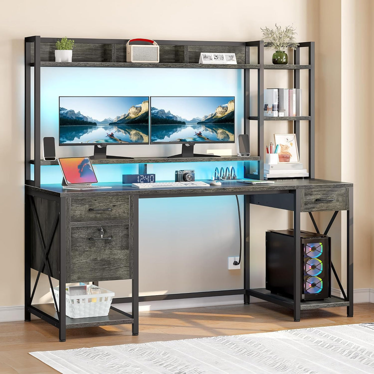 YITAHOME Grey Gaming & Office Desk, 59.1" Top, Hutch, 3 Drawers, LED