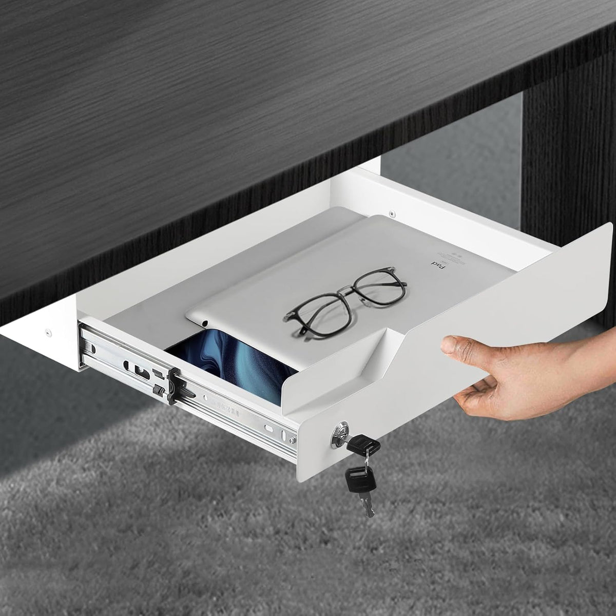 Under Desk Drawer Storage with Lock, Metal Undermount Table Drawer, Ball Bear...