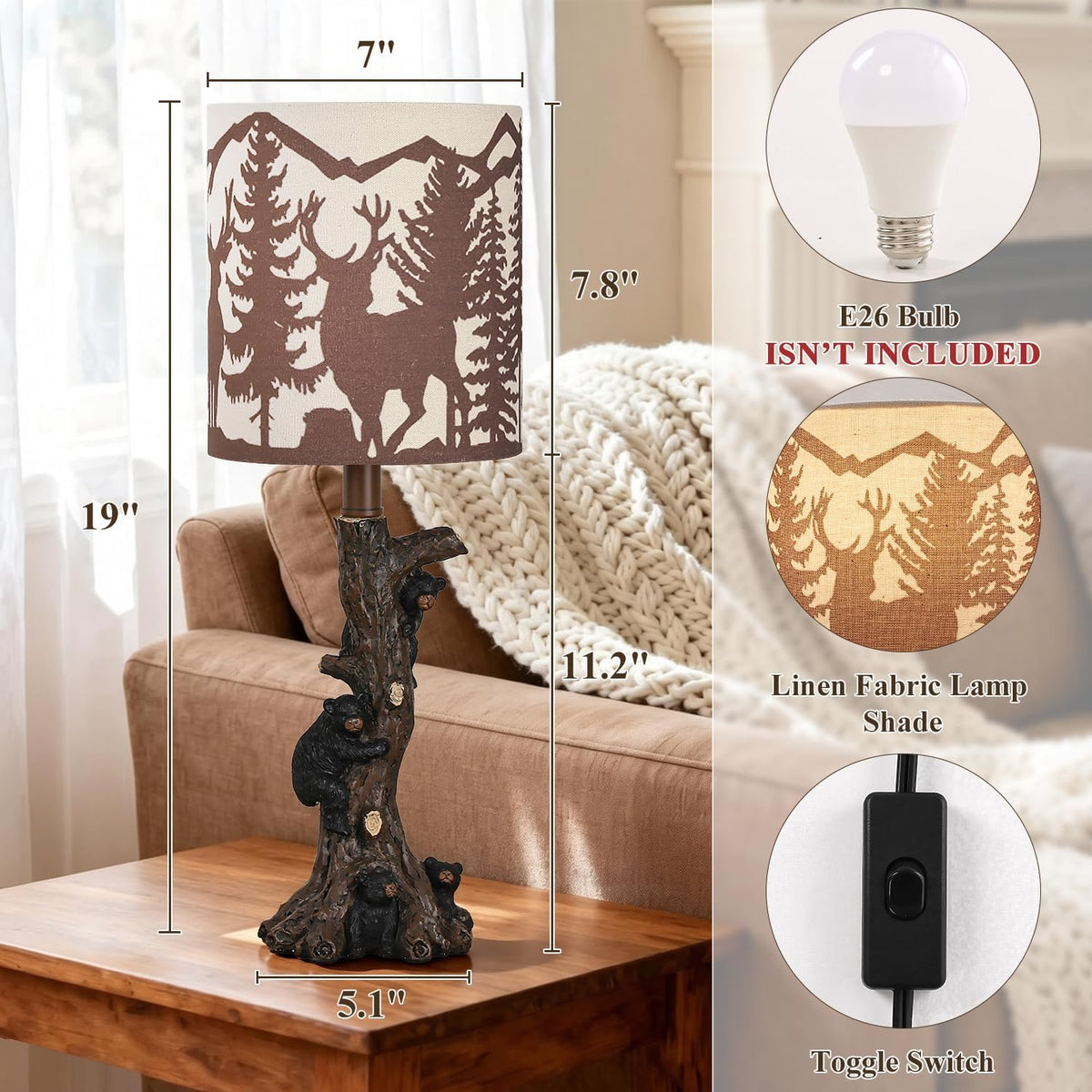 LOKHOM 19" Rustic Climbing Bear Table Lamp for Bedroom, Small Single Lamp