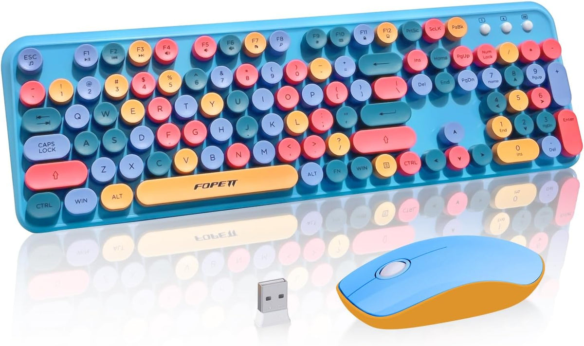 FOPETT Wireless Keyboard and Mouse Combo, 105 Keys Full-Sized 2.4 GHz Round K...