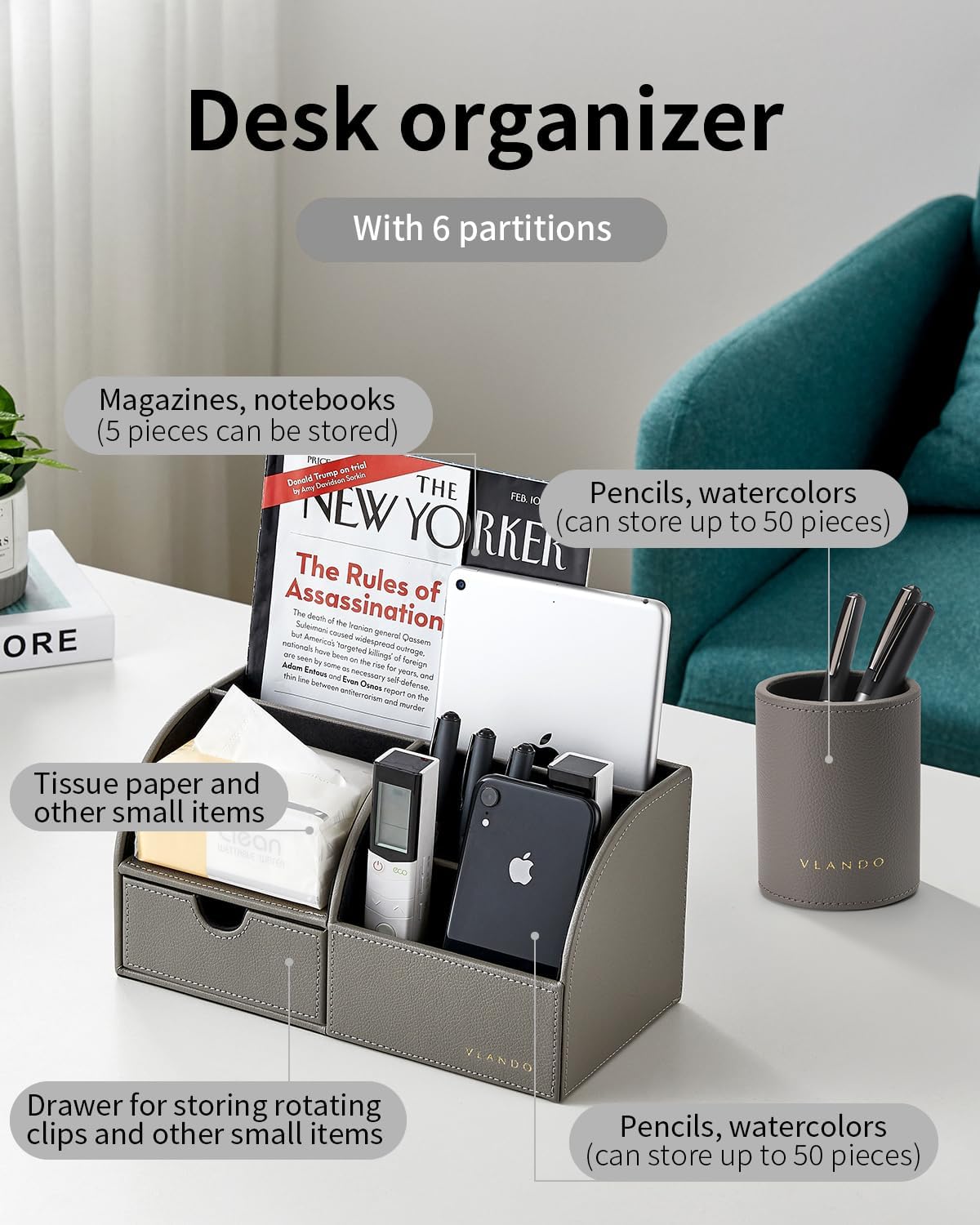 VLANDO 2 Pcs PU Leather Desk Caddy Set with Drawer,Pen Holder