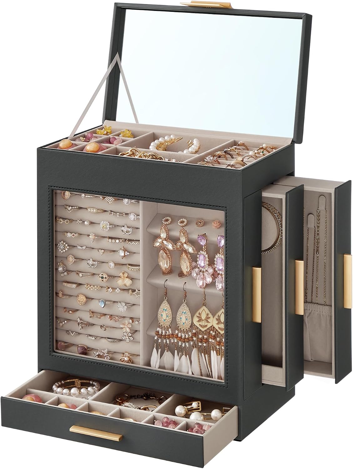 SONGMICS 5-Layer Jewelry Box with Glass Window, 3 Side Drawers