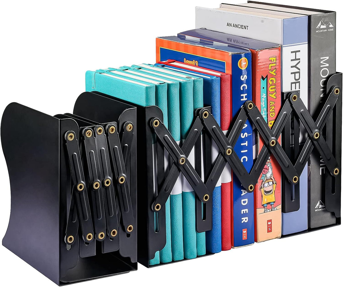 2 Pack Adjustable Metal Book Ends for Heavy Books, Extends Up to 19", Black