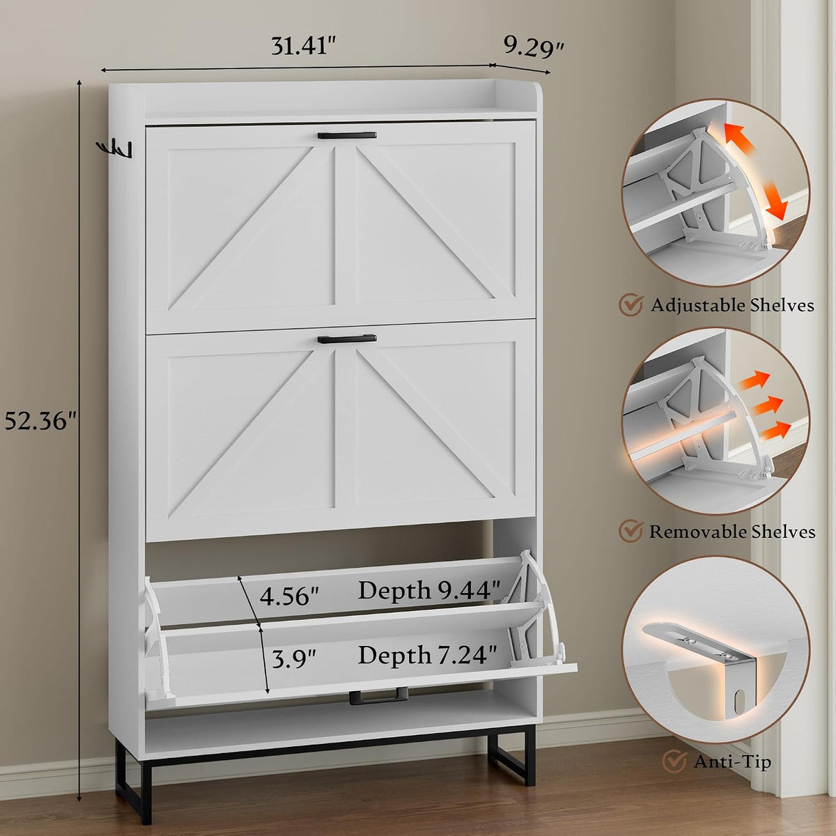 BORNOON Shoe Cabinet with 3 Flip Drawers Narrow Shoe Storage Cabinet Organize...