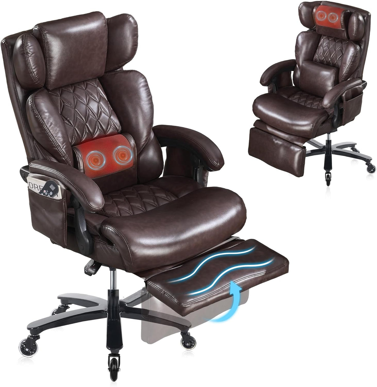Big and Tall Ergonomic Massage Office Chair with Footrest, PU Leather Brown
