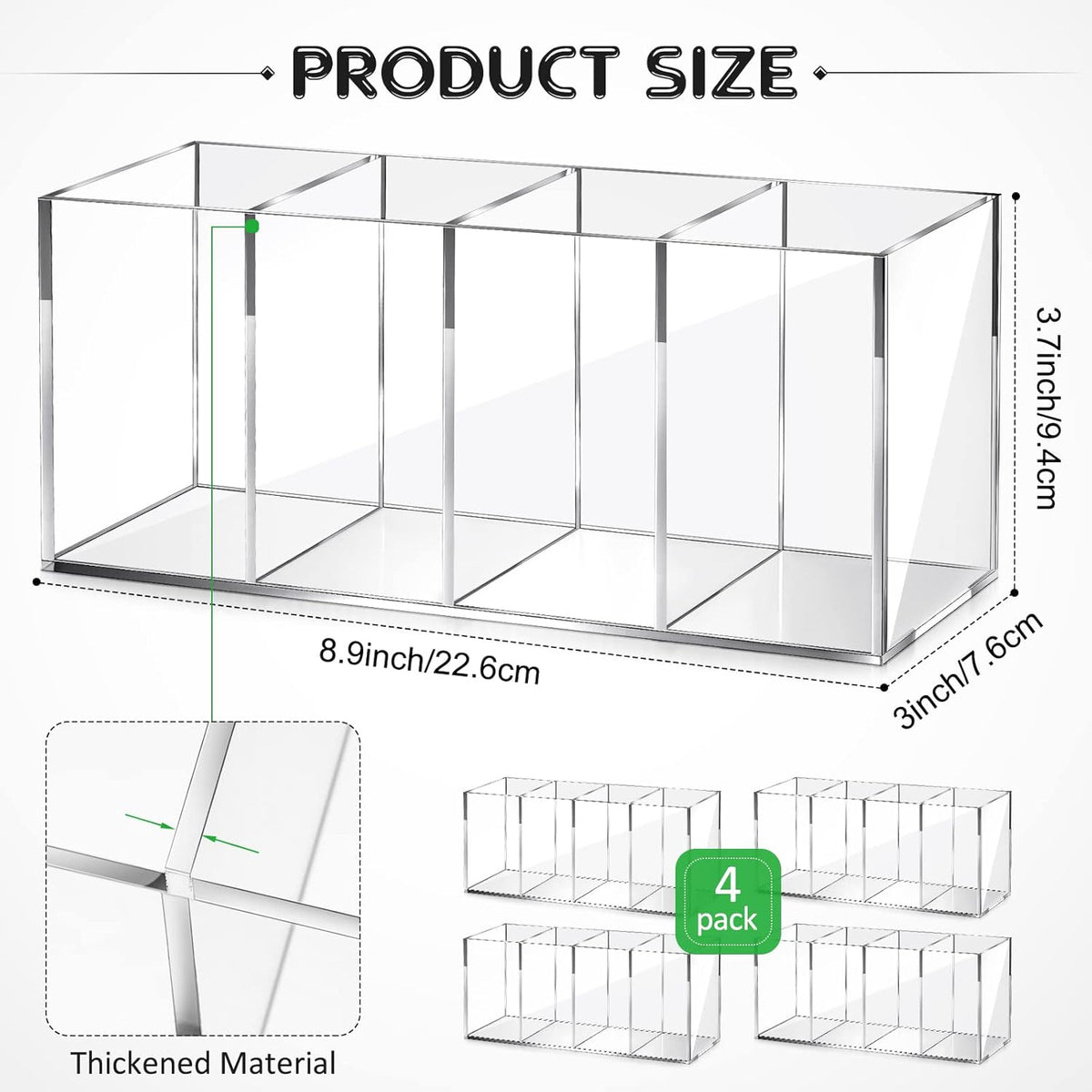 Pajean 4 Pack Clear Acrylic Pencil Holders, 4 Compartment Desk Organizer