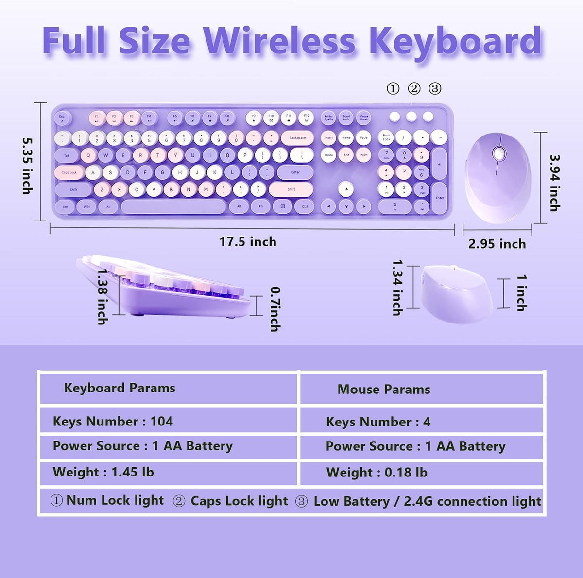Purple Retro Typewriter Wireless Keyboard and Mouse Combo for Home Office