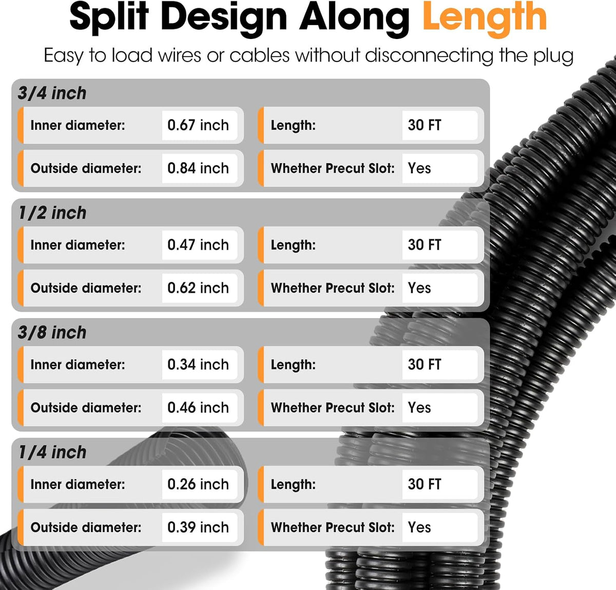 Wire Loom 1/4", 3/8", 1/2", 3/4 Inch x 30 FT, Split Wire Loom ...