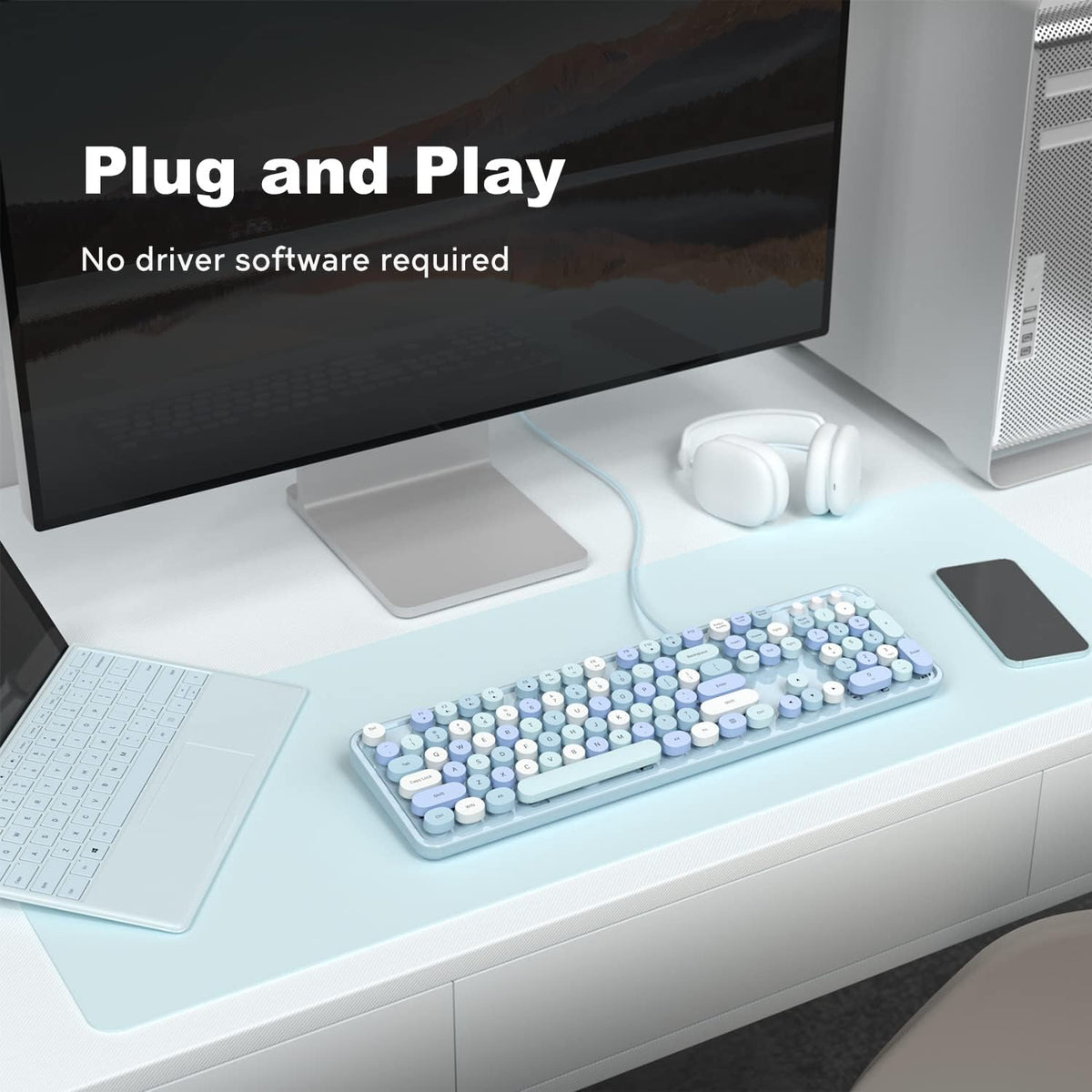 MOWUX Computer Keyboard Wired, Plug and Play USB Retro Round Typewriter Keybo...