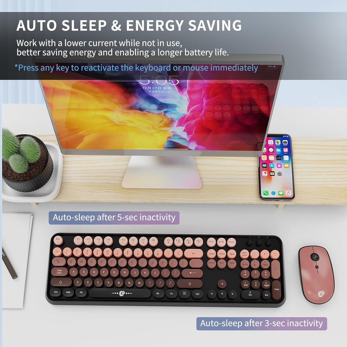 FOPETT Wireless Keyboard and Mouse Combo - 2.4G Full-Sized Cute Colorful Mous...