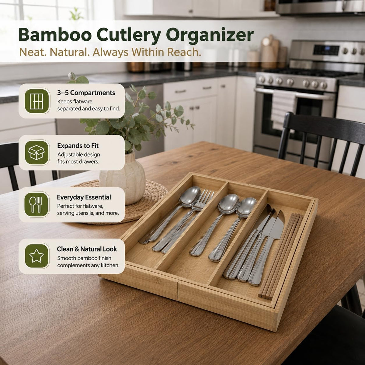 Expandable Bamboo Silverware Drawer Organizer, Adjustable Cutlery Tray