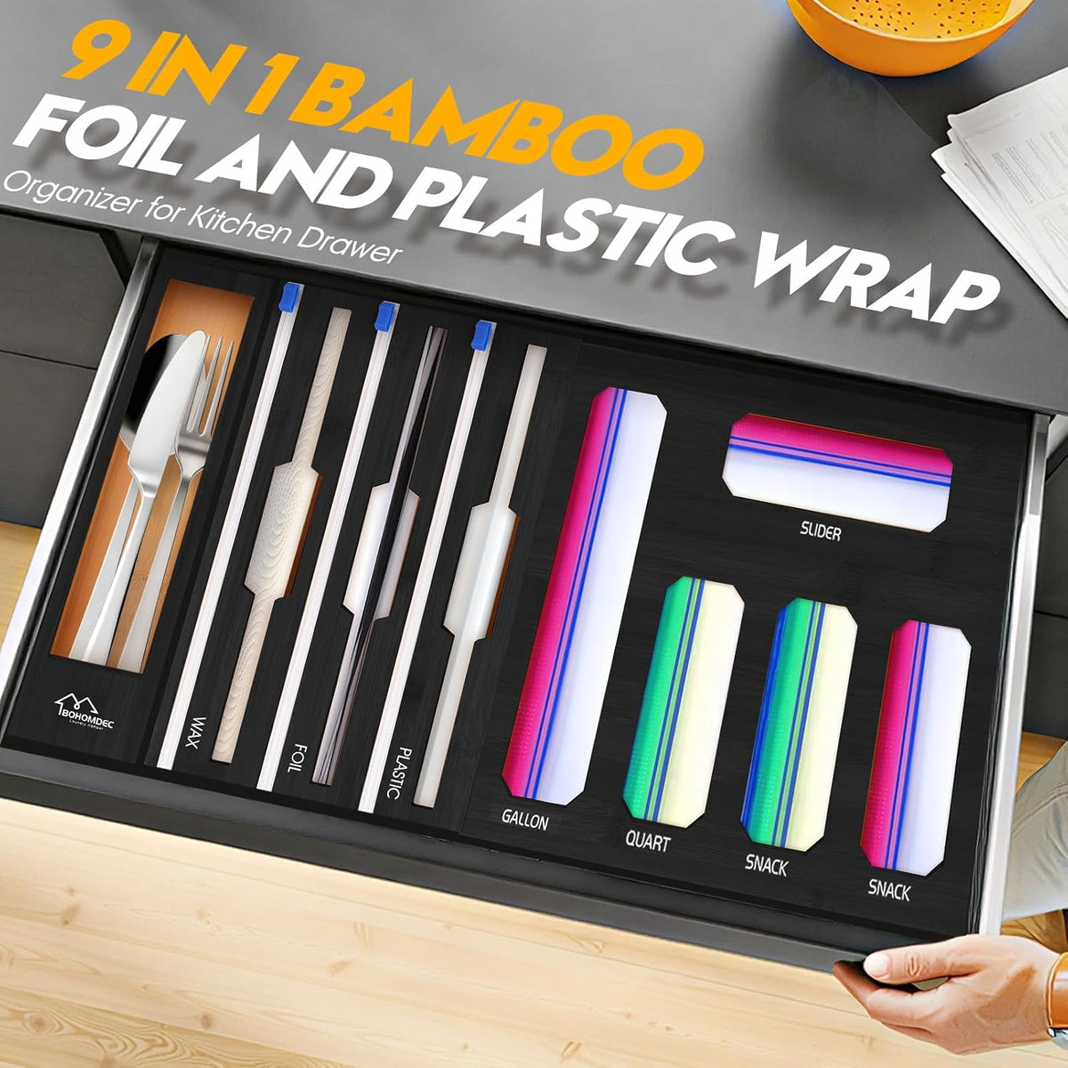 9 in 1 Foil and Plastic Wrap Dispenser with Cutter, Black Bamboo Ziplock Bag ...