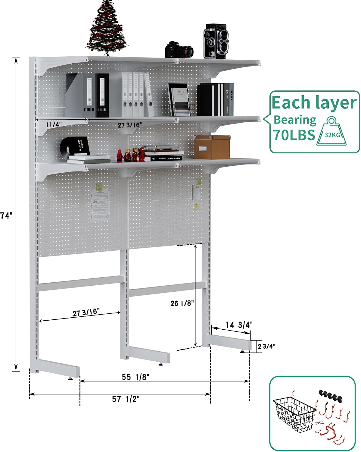 JWX Standing Pegboard Shelf Unit, White Gaming Home Office Garage Cabinets wi...
