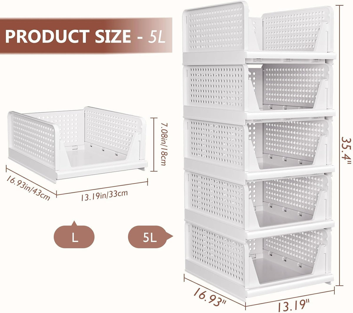 5 Pack Folding Closet Organizers Storage Box, Stackable Storage Bins, Plastic...