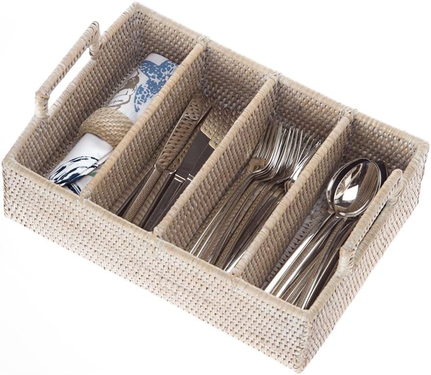 KOUBOO Lo Jolla Rattan Flatware Tray, White Wash