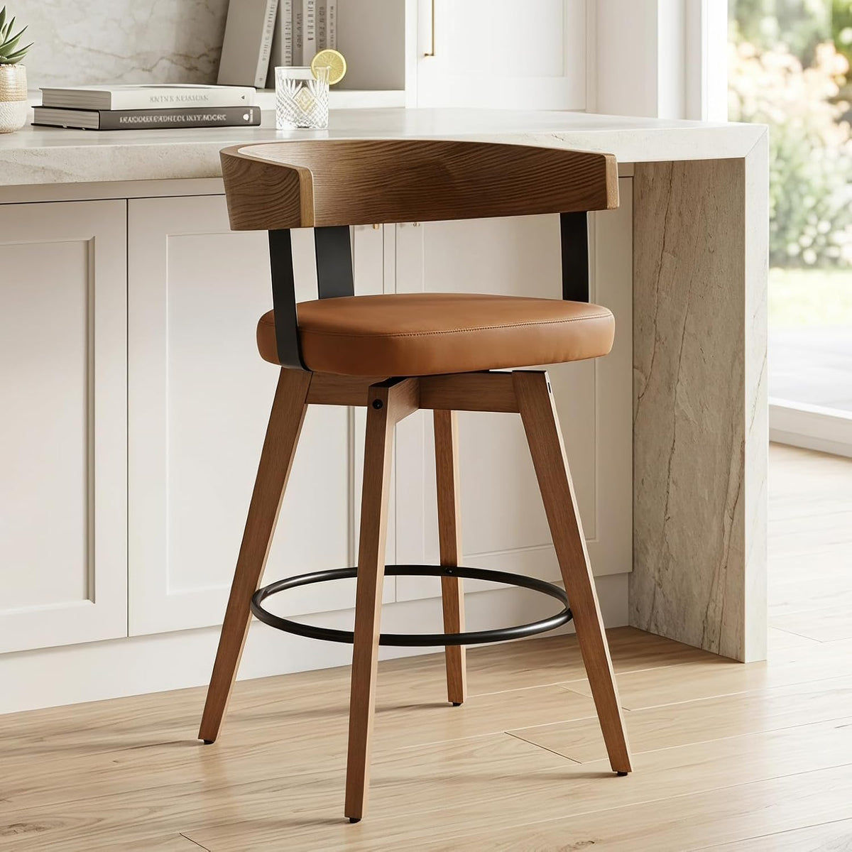 DUOMAY Modern PU Leather Swivel Single Barstool, Brown