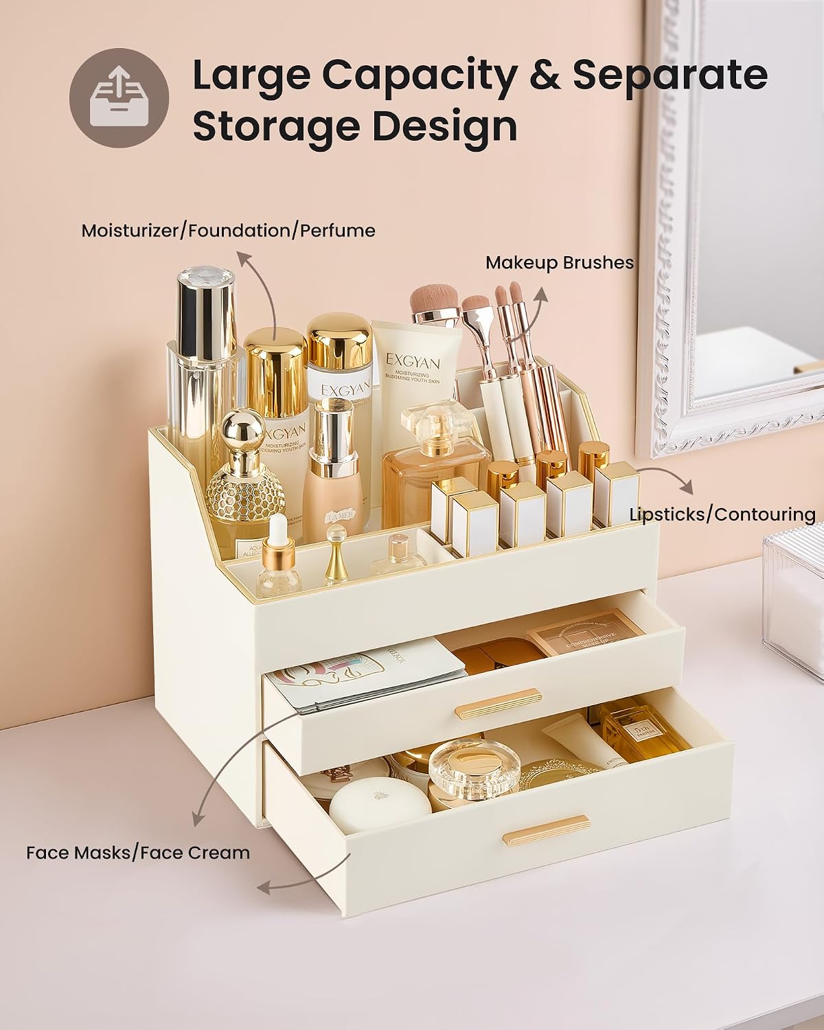 Lolalet Makeup Organizer for Vanity Desk, 3-Layer PU Leather Luxury Make Up S...