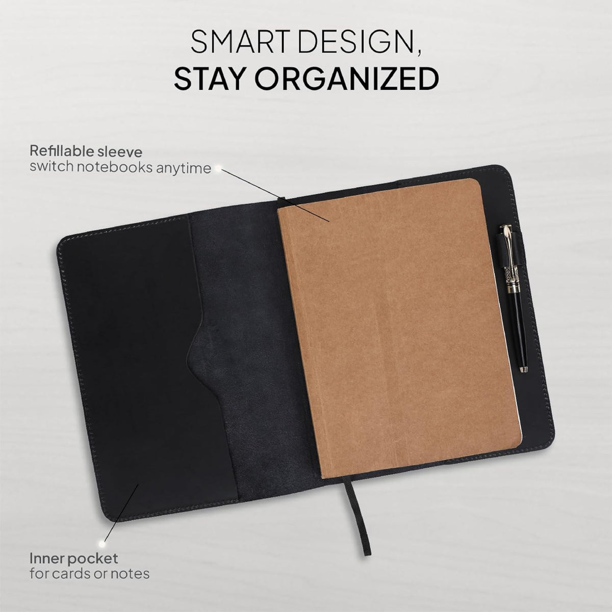 XL Leather Journal Cover Black 7.5 x 9.5 Inch – Refillable Genuine Leather Co...
