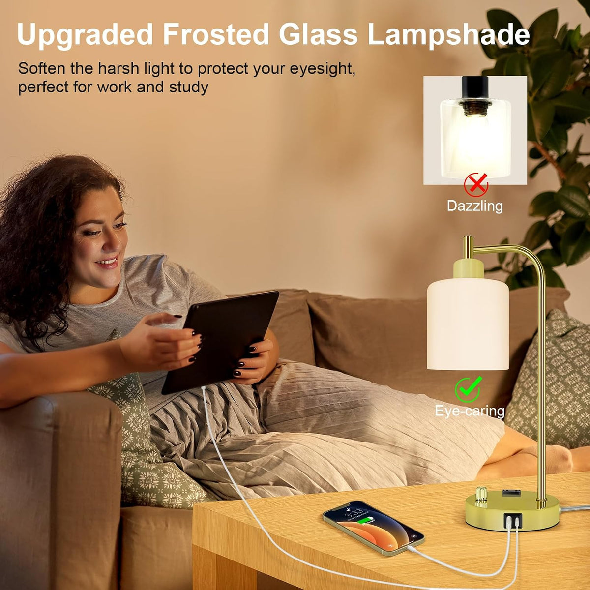 Industrial Table Lamp, Stepless Dimmable Gold Desk Lamp with 2 USB Ports and ...
