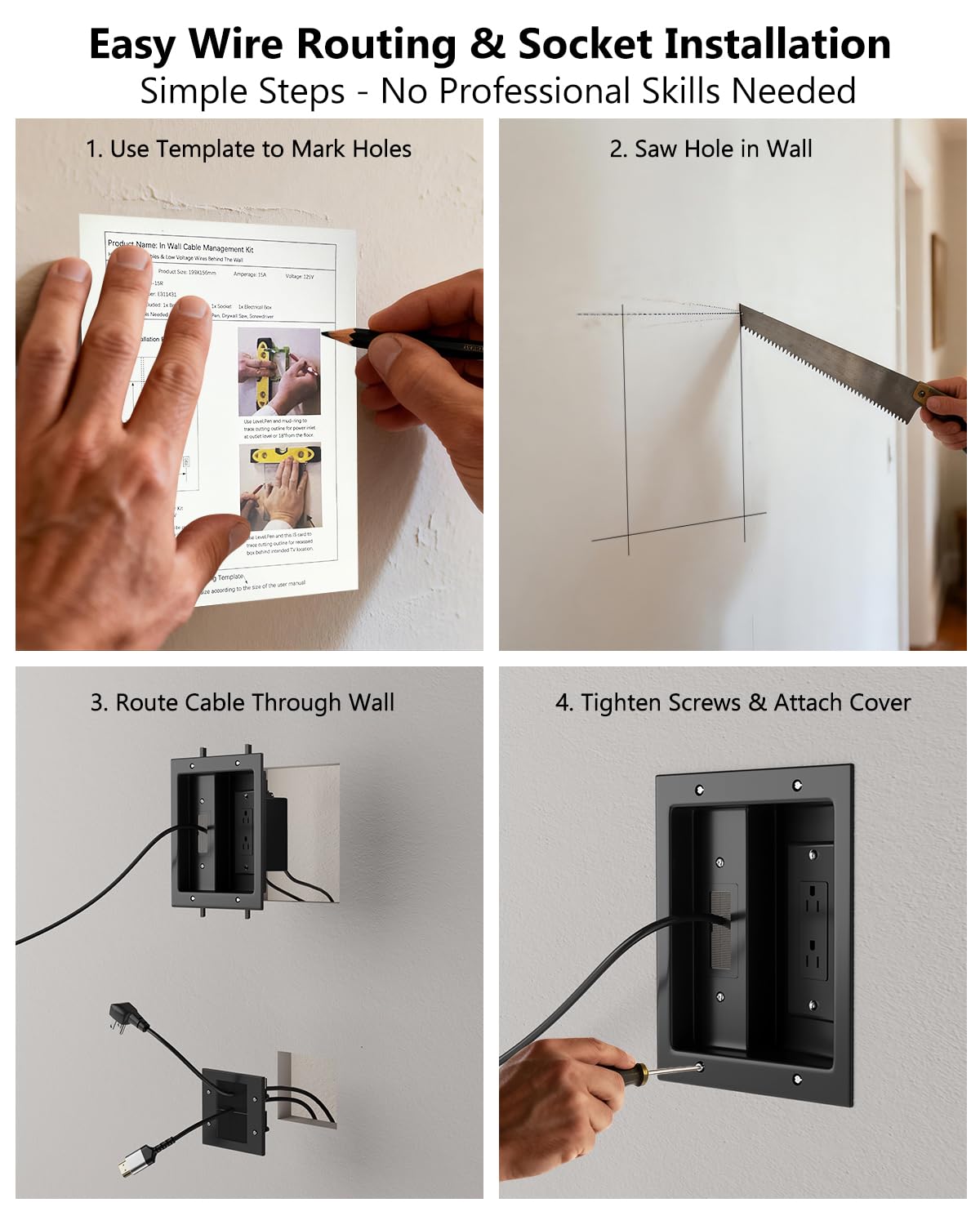 FORGING MOUNT in-Wall Cable Management Kit with Recessed Power Outlet Box,Cor...
