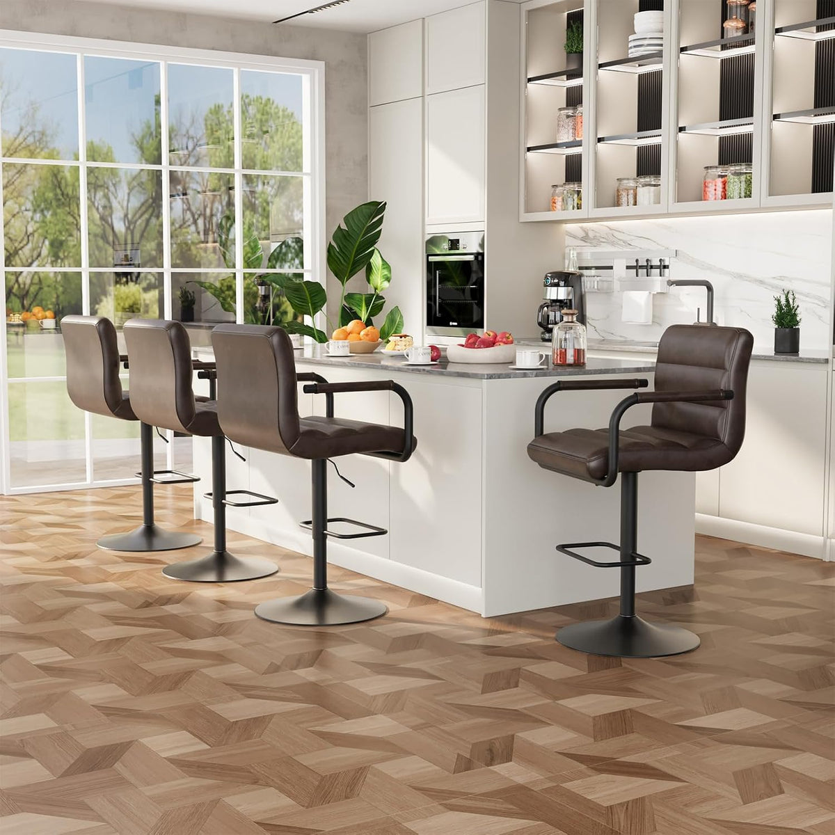 Adjustable PU Leather Swivel Bar Stools Set of 6 with Armrests