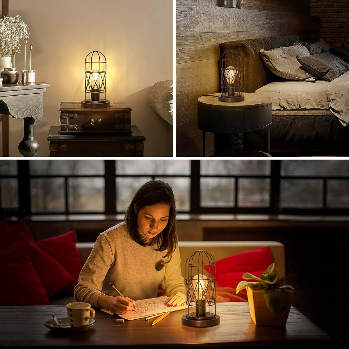 Small Touch Lamp, Industiral Bedside Table Lamp with Antique Bronze Cage
