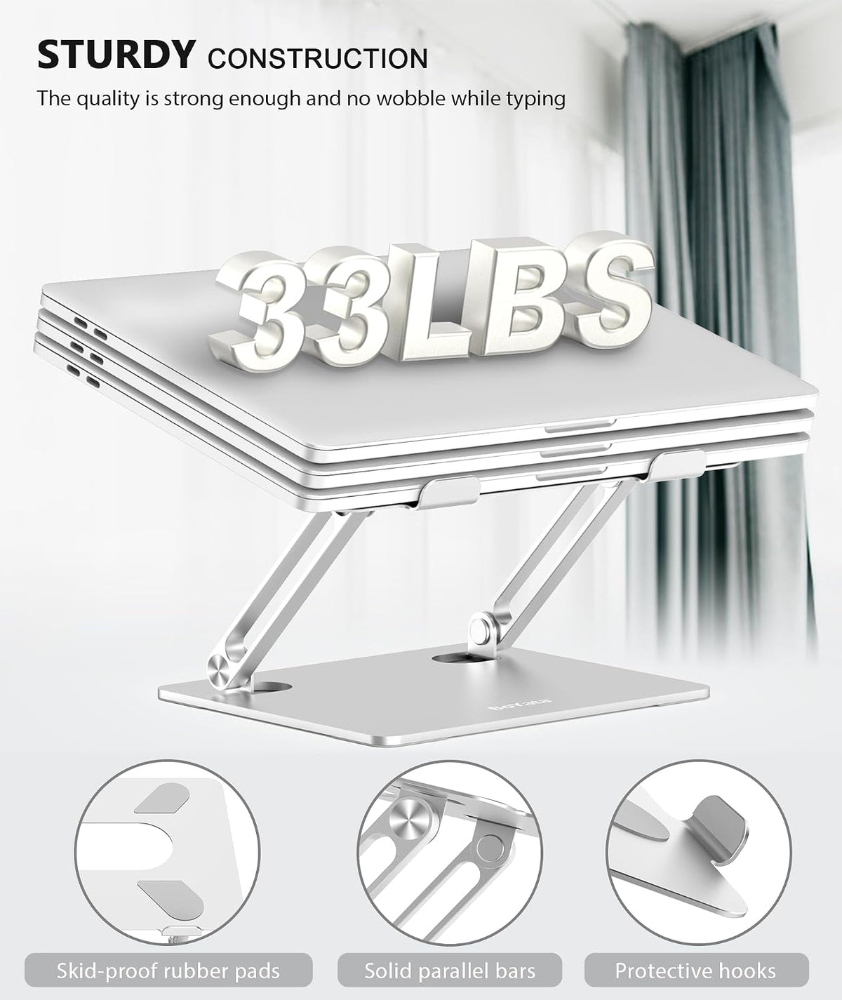 BoYata Laptop Stand, Adjustable Multi-Angle Riser, Up to 17 Inches, Silver