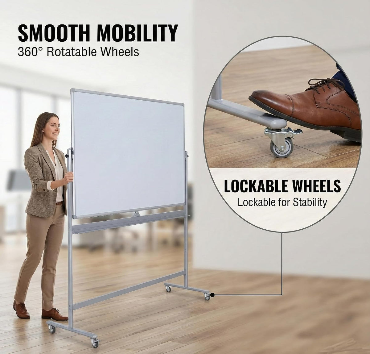 Double-Sided 72" x 48" Mobile Whiteboard Large Rolling Whiteboard D...