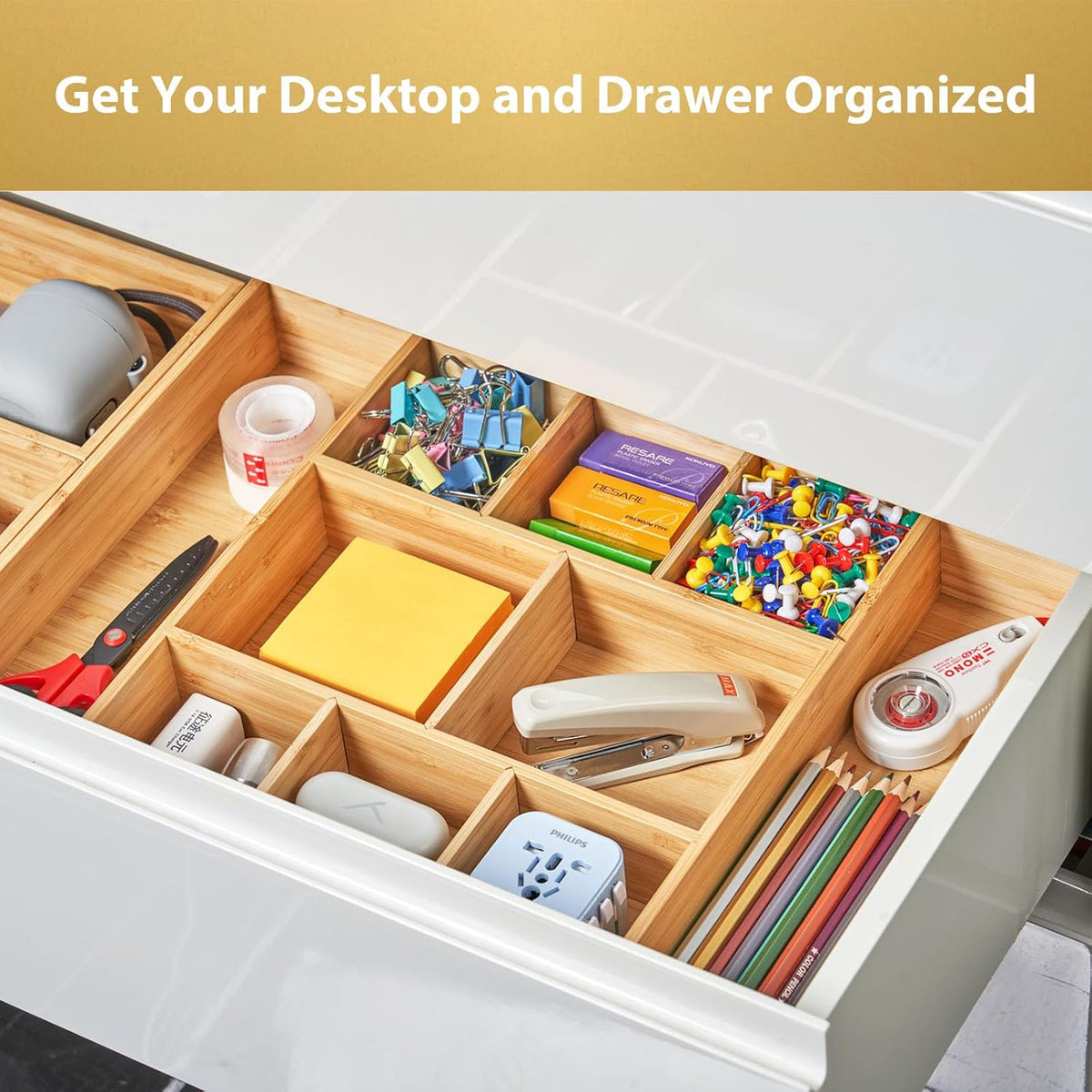 Umilife Extra Large Bamboo Desk Drawer Organizer, Wood Junk Organizer Tray wi...