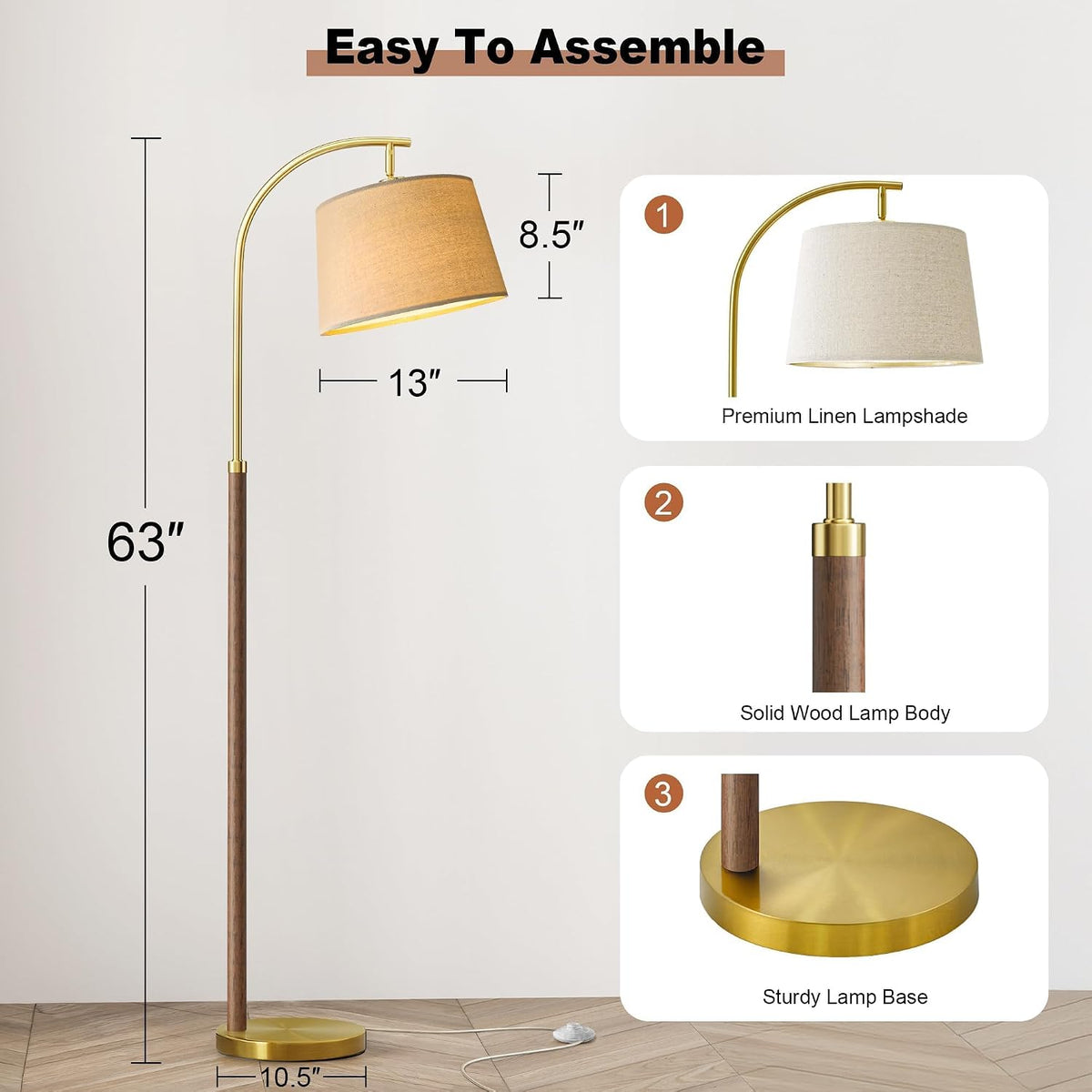 62.5" Wood Floor Lamps for Living Room with Foot Switch Tall Standing Lamp