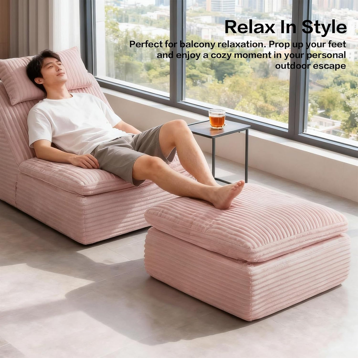 38.7" Large Square Ottoman, Cloud Pouf, Boneless, Dense Foam, Corduroy Pink