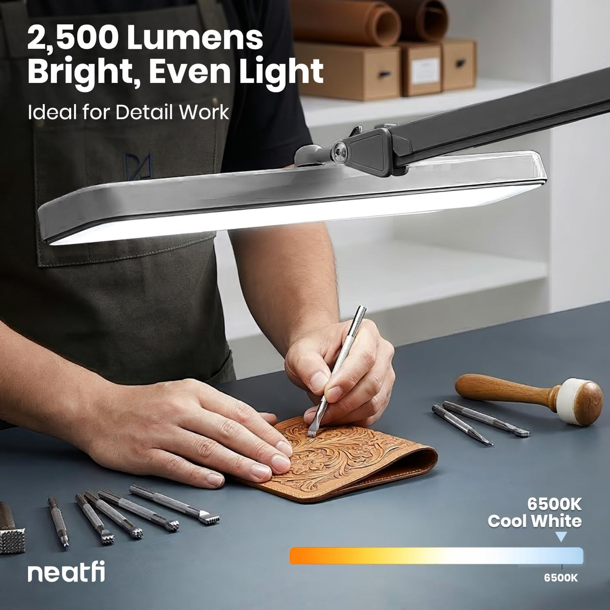 Neatfi 2500LM LED Task Lamp w/Clamp, 22-Inch Wide Head, Non-CCT (Silver)